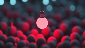 Innovative Thinking. Discovering Ideas, Solutions, And Leadership Through Creativity And Originality. Stand Out From The Crowd With A Hanging Light Bulb Render photo