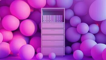 Purple Rendering Surrounds A Document Cabinet Filled With Colorful Balls. This Unique Design Creates A Playful And Vibrant Workspace Environment photo