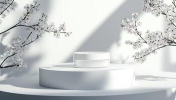 Brand Presentation With Cosmetic And Cherry Blossom On White Podium In Natural Light For Product Showcase And Visual Rendering photo