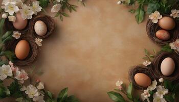 Top View Of Easter Holiday Spring Decorations. Eggs In Nests And Spring Flowers On A Greeting Card With Ample Copy Space photo