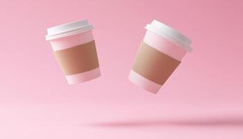Organic Blank Paper Coffee Cups Floating On Pink Background. A Nature Inspired Product Packaging Element Celebrating Love For The World Through Rendering. photo