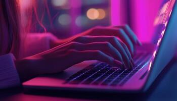 Close Up Of A Woman'S Hand Using A Laptop To Browse The Web, Search For Information, And Surf The Internet In Her Home Office While Working And Networking photo