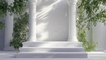 Luxurious Podium Product. Podium Classic In Nature Light Shadow White For Branding Presentations And Renderings. photo