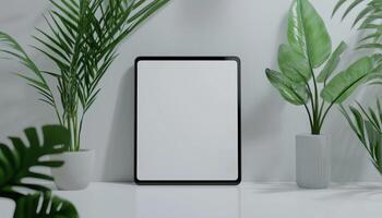 Empty Tablet Pc With Blank Screen For Presentation And Mockup, Front View On White Background. Portable Digital Tablet Computer With Copy Space photo