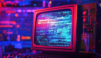 Retrofuturistic Glitch. Glitched Computer Screen, Tv No Signal, And Vr In 80s 90s Neon Aesthetics Of Synthwave, Vaporwave, Cyberpunk. photo