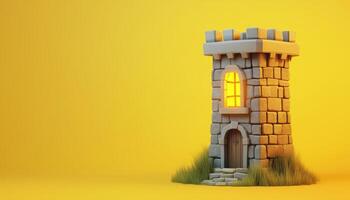 Stylized Medieval Tower With Cannon And Wooden Window Light In Low Poly Ancient Fortress. Yellow Rendering Of Single Little Castle photo