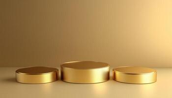 Three Golden Pedestal Podiums Floating On Gold With Geometric Shapes Circle Display Platform In A Rendered Product Presentation Showcase Studio. photo