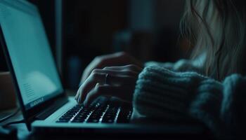 Woman'S Hand Using Laptop Computer For Browsing Web, Searching Information, And Internet Surfing In Home Office During Working Time photo