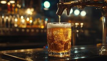 Pouring Cold Beer From A Crane In A Pub. A Refreshing And Light Experience With Draft Beer Served In A Glass. photo