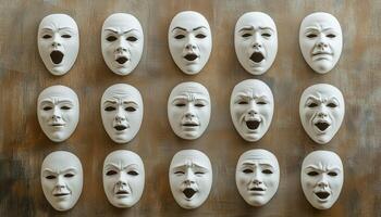 Variety Of Theatrical White Masks Featuring A Range Of Facial Expressions A Diverse Collection For Dramatic Performances And Productions. photo