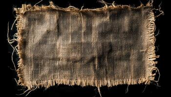 Close Up Of Vintage Burlap Napkin With Rough Texture And Jute Material On Black Background. Hessian Cloth Tag With Frayed Edges. Dark Sack Material photo