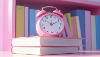 Approved Alarm Set On Book Stack For Education And Learning, Pink Calendar Marked With Day, Month, And Year. Cute And Smooth Schedule Rendered photo
