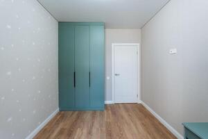 The room is bare of furniture and decor, except for a striking green wardrobe that contrasts with the plain walls and a white door, enhancing the spaces simplicity and elegance photo