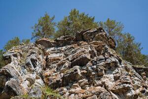 As I gaze at the majestic rocky cliff, I cant help but admire the sturdy trees that thrive on its steep surface, adding vibrant greenery and life to this impressive geological formation photo
