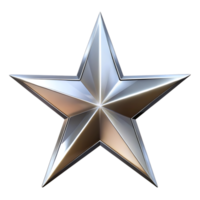 A 3D rendering of a metallic five-pointed star with sharp points and a polished surface. png