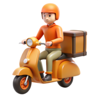 A 3D rendered image of a delivery person riding a scooter with a package png