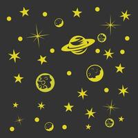 Yellow Planets and Stars in Outer Space on Dark Background vector
