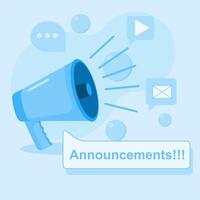 Announcement, illustration of a megaphone on a blue background and some icons related to the announcement. vector