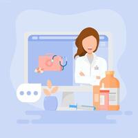 A woman in a white coat is standing in front of a computer screen with a tablet and medicine vector
