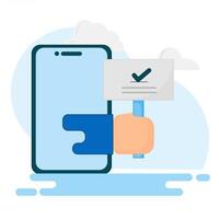 illustration of a mobile phone with a hand holding a check mark. vector