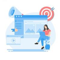Attractive content creator, meaningful content, with female characters. target board, flat style concept social media sharing with icons. vector