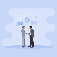 Two men shaking hands in front of a blue background vector