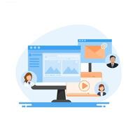 Engaging Content with three characters, meaningful content, flat style concept social media sharing with icons. vector