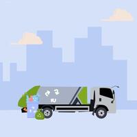 A garbage truck with a garbage can and recycling bin vector