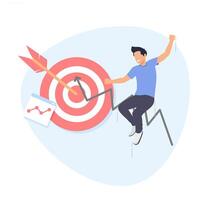 Setting clear business goals, arrows on target and graphic icons and animated characters jumping, The concept of arrows on target. vector