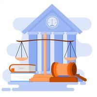 Illustration of the concept of law and justice, with a hammer as the decision maker. with a courthouse background. vector