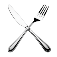 Shiny Silverware Intersecting Dinner Knife and Fork on Transparent Background png