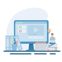 A person sitting on a desk with a computer screen and books vector