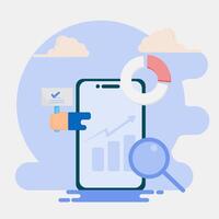 stock growth analysis, with mobile phone icons, magnifying glass, and bar chart with up arrow. vector