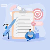 People working on a checklist with a pencil and a target vector