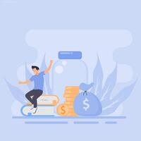 A man is sitting on top of stacks of money and a jar vector