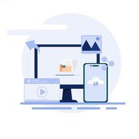 A computer, phone and tablet are all connected to a cloud vector