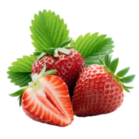 Fresh Strawberries, Juicy Half Strawberry and Green Leaves on Transparent Background png