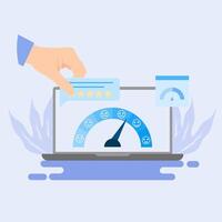 A hand is holding a laptop with a rating meter vector