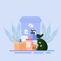 A trash can with garbage, a bottle, and a bag vector