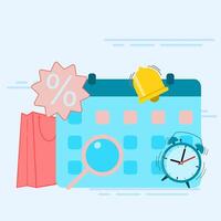 A calendar with a clock, shopping bag and a bell vector