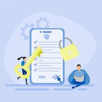 People using a smartphone to check a checklist vector
