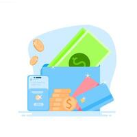 Digital payment system for online shopping. Covers financial transactions, payment processing, and the use of e-wallets and bank cards in the purchasing process. vector