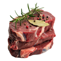 Fresh Stacked Raw Beef Steaks with Rosemary and Spices on Transparent Background png