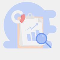 stock growth analysis, with job board icon, magnifying glass and bar graph with rising arrow. vector