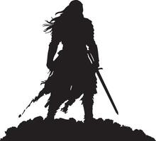 Silhouette of a warrior standing with a sword on a hill against a stark white background design art vector