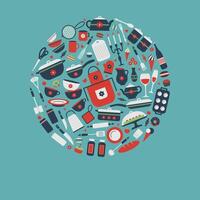 Set of kitchen utensils and food, objects in circle. Cookware, home cooking background. Kitchenware icons. Modern design illustration. vector