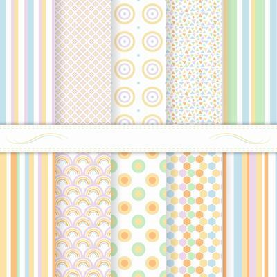 Set of ten modern polka dot, strips, mosaic seamless patterns. Swatches of seamless patterns included in the file.