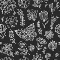 Seamless pattern with floral chalk elements on the chalkboard. Spring, summer fashion pattern with hand drawn flowers and leaves. Background for design, wrapping, fabric. vector