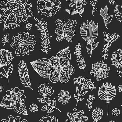 Seamless pattern with floral chalk elements on the chalkboard. Spring, summer fashion pattern with hand drawn flowers and leaves. Background for design, wrapping, fabric.