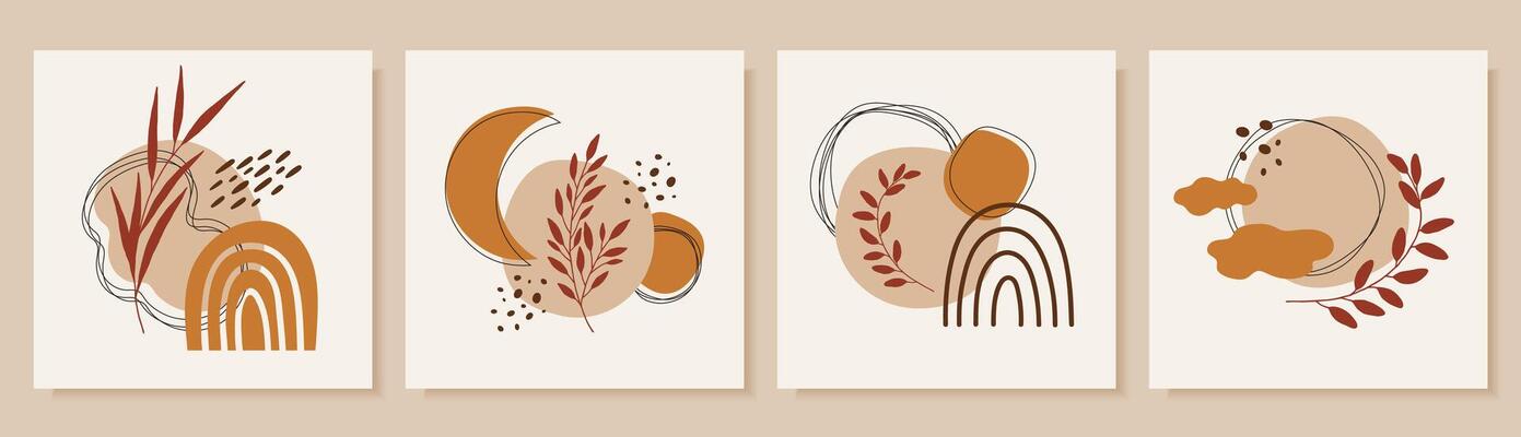 Set of modern abstract posters in boho style, natural organic shapes, sun, moon, earth, rainbow, branch. Aesthetic print, terracotta colors. Illustration for social media, wall art, home decor.